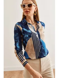 Women's Geometric Navy Blue Woven Viscose Long Sleeve Flowy Shirt - 5