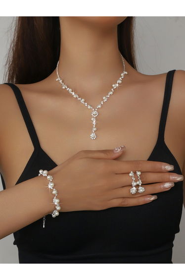 Set of 3 - Rhinestone Flower with Faux Pearl Decor Necklace, Earrings and Bracelet
