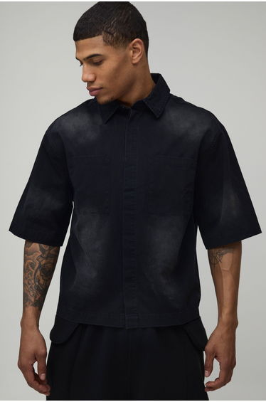 Oversized Boxy Sun Bleached Patch Shirt - black