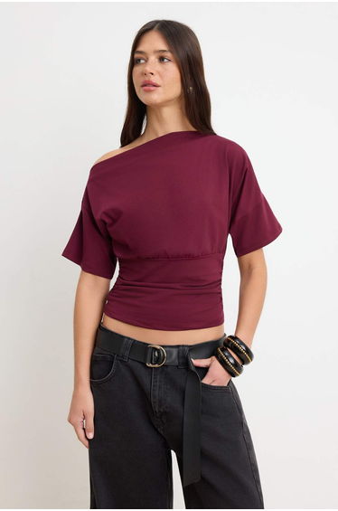 Plum Fitted/Asymmetrical Collar Ruched Cropped /Short Cotton Piece Stretchy Knitted Blouse