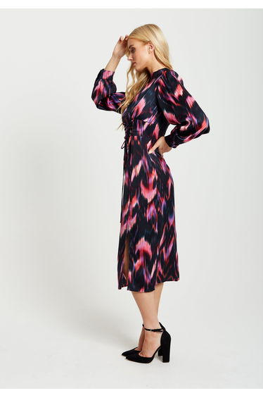 Women's Midi Dress in Black and Pink with Long Balloon Sleeves. product thumbnail 3
