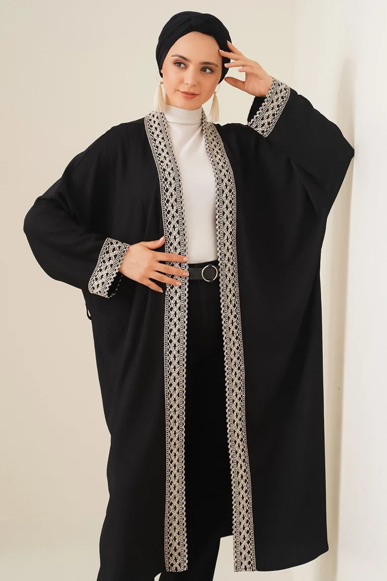 Knitted Long Kimono with Embroidery - Black - 3
