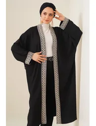 Knitted Long Kimono with Embroidery - Black - 3