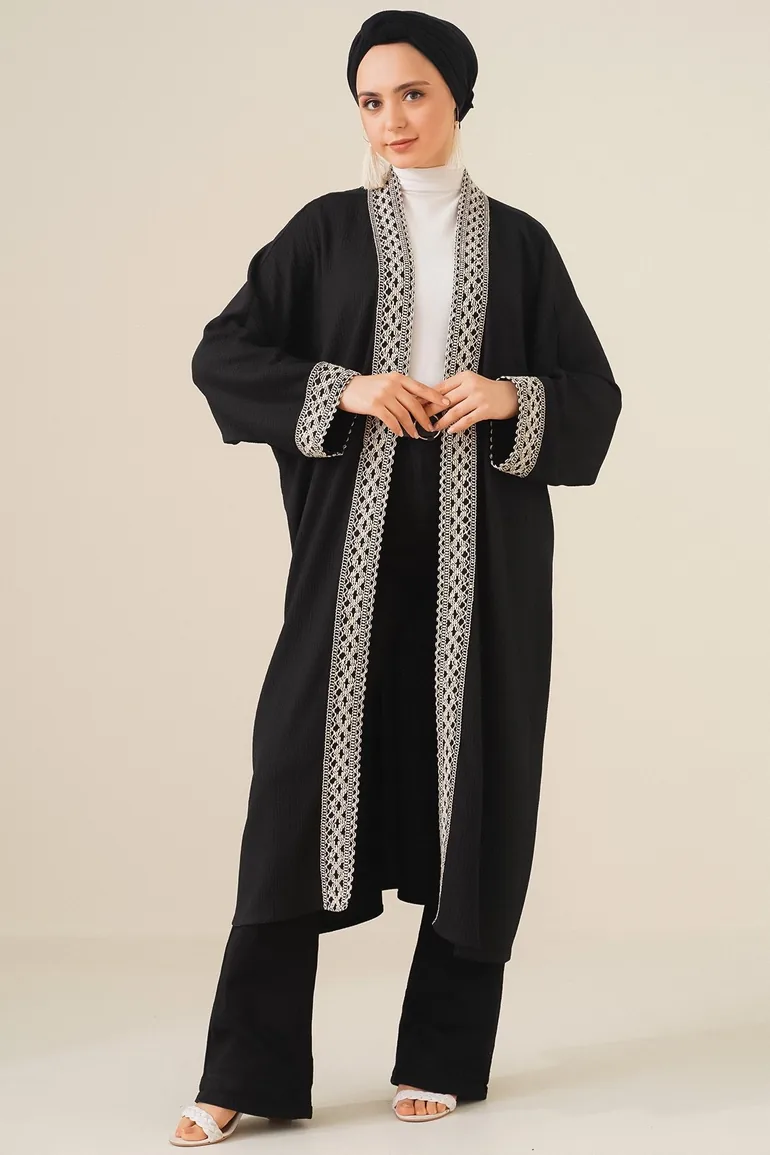 Knitted Long Kimono with Embroidery - Black - 1