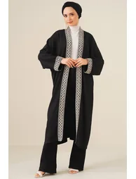 Knitted Long Kimono with Embroidery - Black - 1