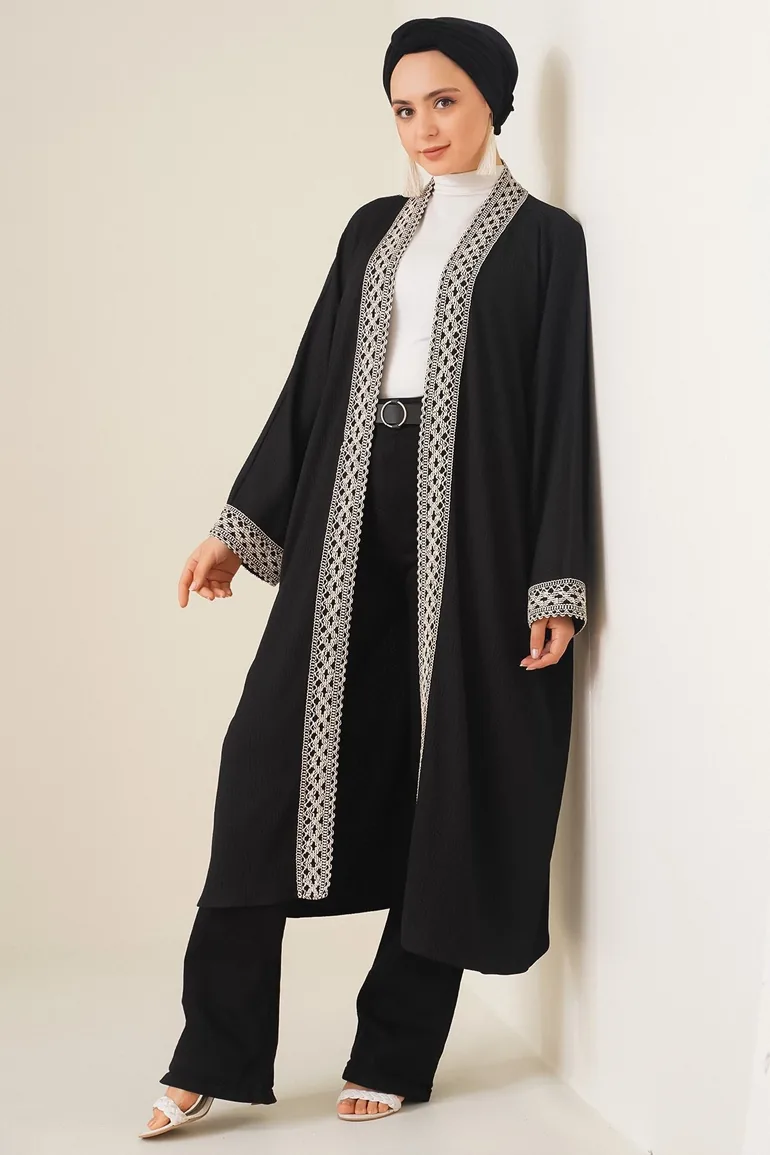 Knitted Long Kimono with Embroidery - Black - 2