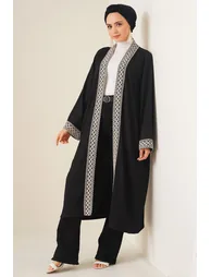 Knitted Long Kimono with Embroidery - Black - 2
