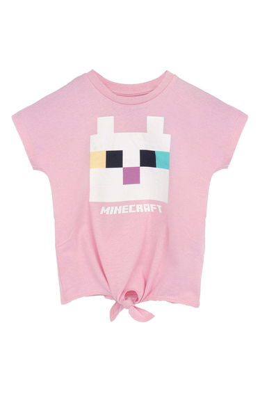 Minecraft Girls Cat Twisted Knot Front T-Shirt - Pink/White
