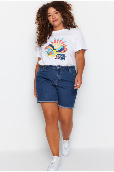 Plus Size Shorts & Bermuda - Blue - Normal Waist