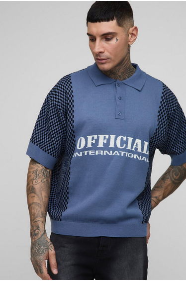 Tall Oversized Boxy Check Official Moto Knitted Polo - blue