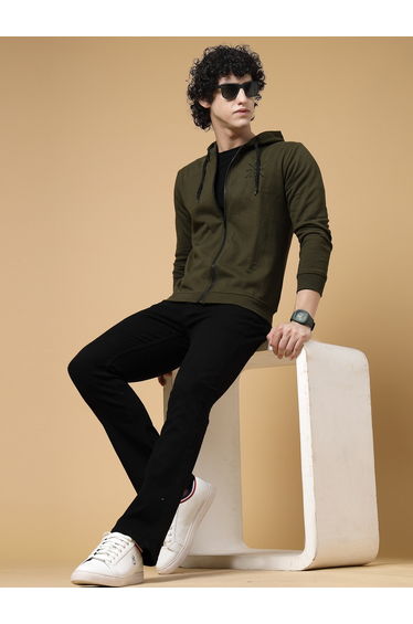 Men Olive Fleece Hoodie with Front Zip