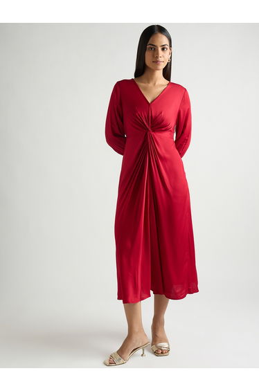 Women Red Satin Midi Dress with Twist Detail