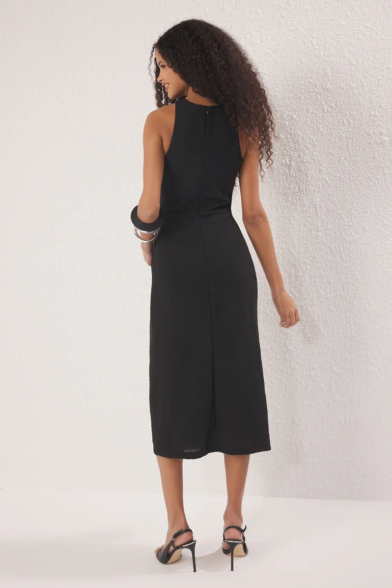 Black Straight Binding Detailed Midi Woven Dress - 5