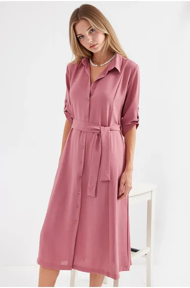 BDART Textured Midi Dress with Shirt Collar and Bow