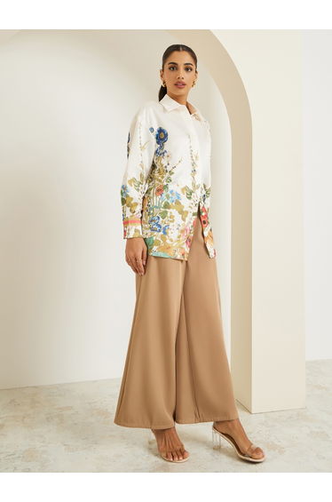 Women Floral Print Satin Longline Shirt