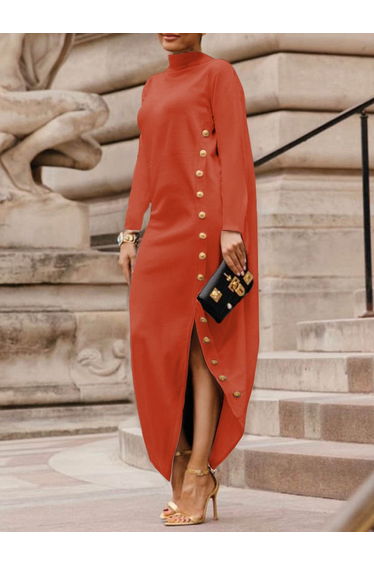 Long Sleeves Loose Asymmetric Buttoned Split-Joint Split-Side Mock Neck Maxi Dresses