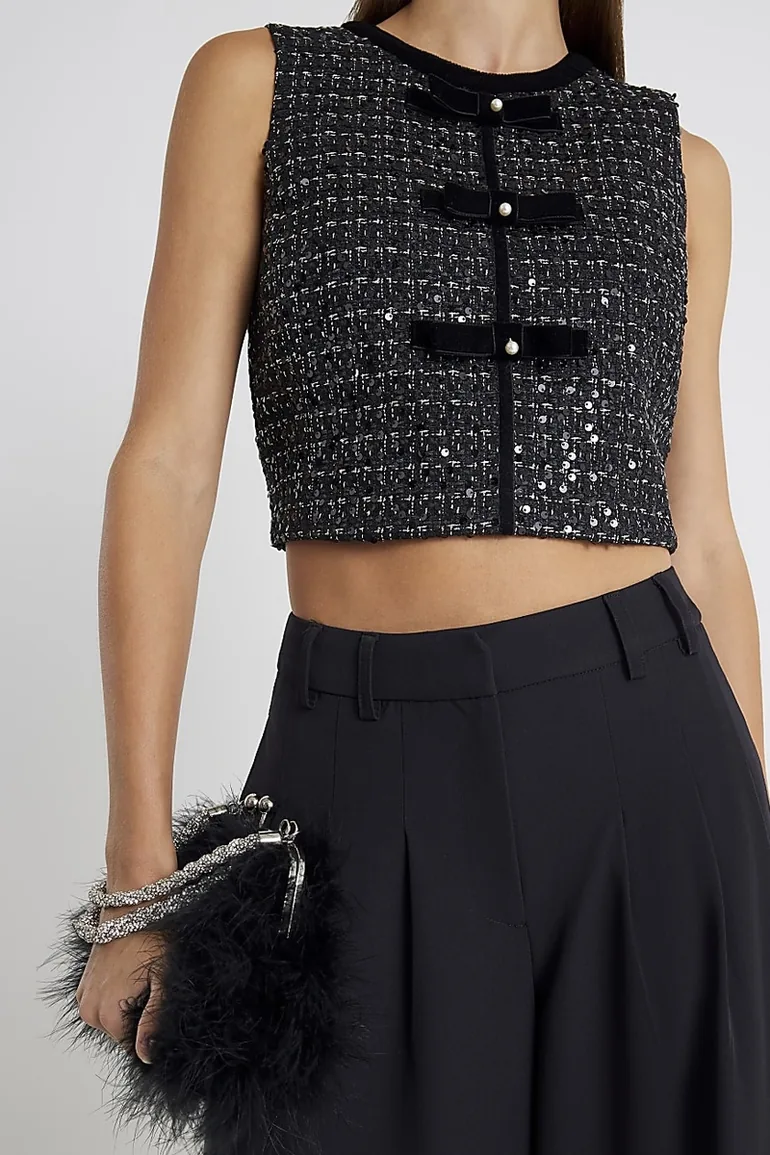 Black Boucle Sleeveless Bow Front Top - 1
