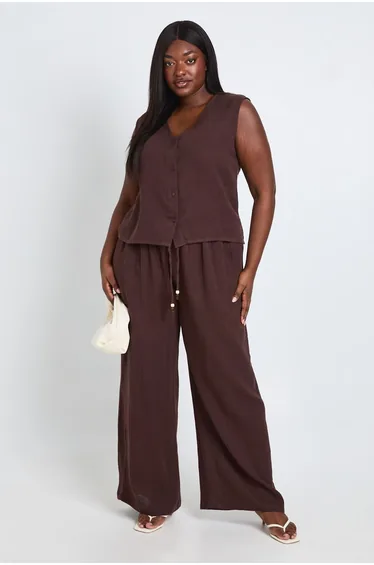 Plus Cheesecloth Waistcoat and Beaded Trouser Set - chocolate