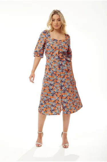 Women's Midi Dress in Orange Floral with Short Sleeves and Waist Tie .