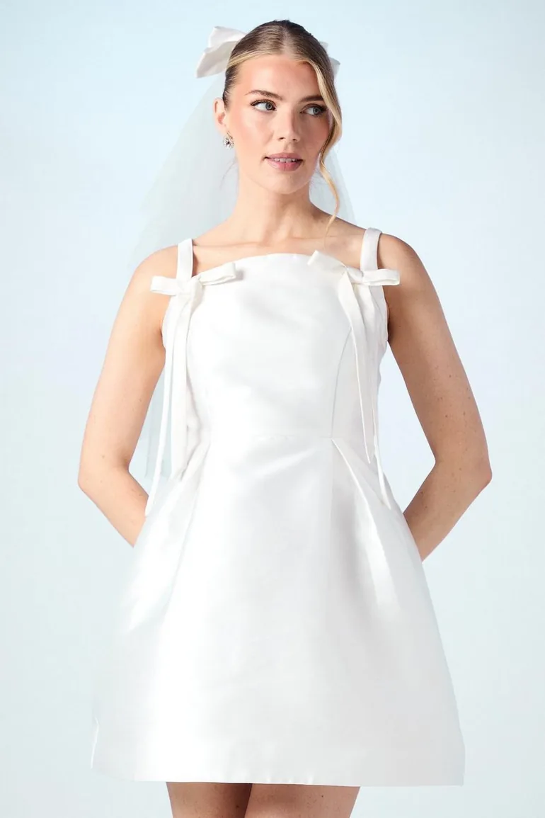 Bow Detail Twill Bridal Mini Dress