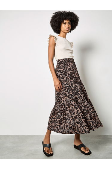 Leaf Print Tiered Midi Skirt