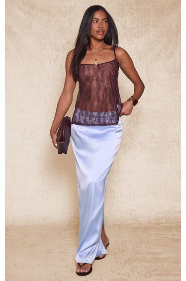 Pale Blue Satin Waistband Detail Maxi Skirt