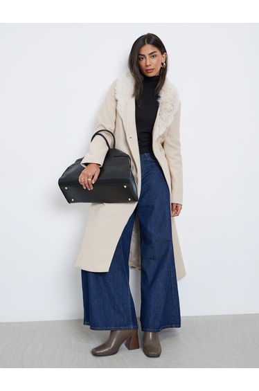 Cream Wool Like Belted Coat with Faux Fur