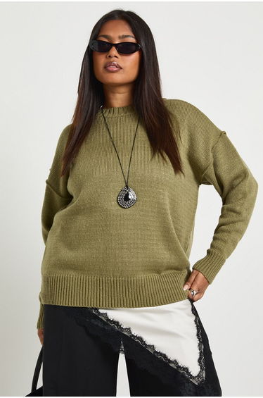 Plus Exposed Seam Knitted Jumper - olive
