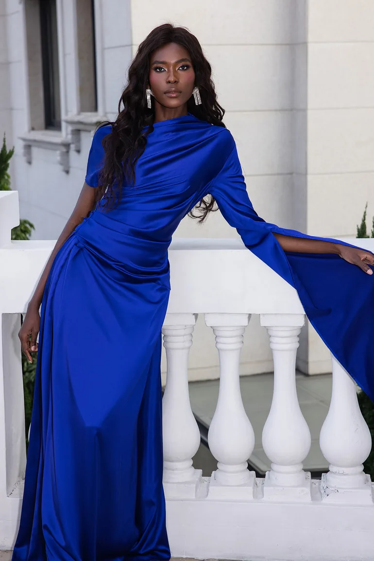 Léopoldine Satin Draped Maxi Dress in Blue - 2