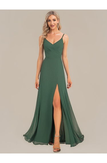 ever RENÉ |Pleated V-Neck Spaghetti Strap High Slit Bridesmaid Dress