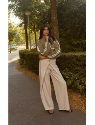Ecru Pleat Detail Barrel Leg Trousers - 1
