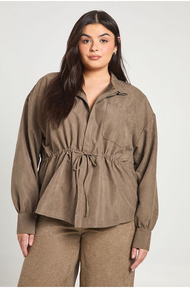 Plus Stripe Funnel Neck Cinched Jacket - mushroom