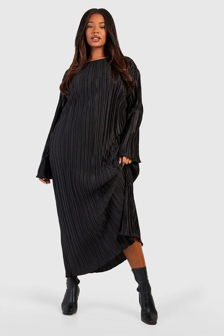 Plus Wide Plisse Midaxi Dress - black