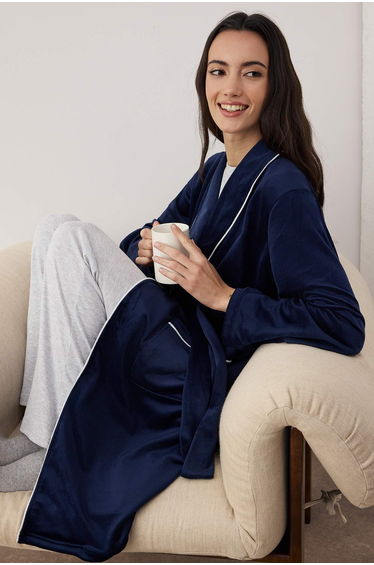 Smoke Belted, Piping, Pocketed Velvet Knitted Dressing Gown