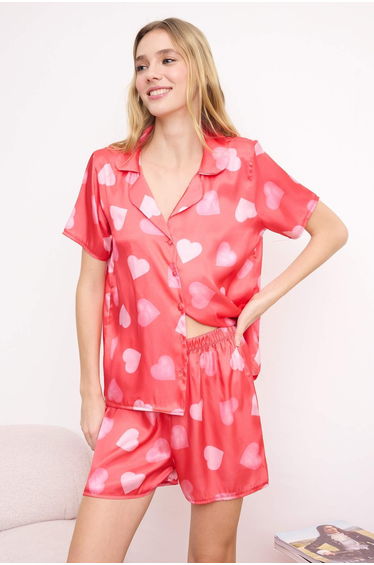 Pink-Multicolored Plain Satin Woven Pajama Set