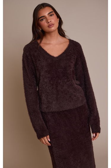 Chocolate Fluffy V Neck Knitted Oversized Jumper