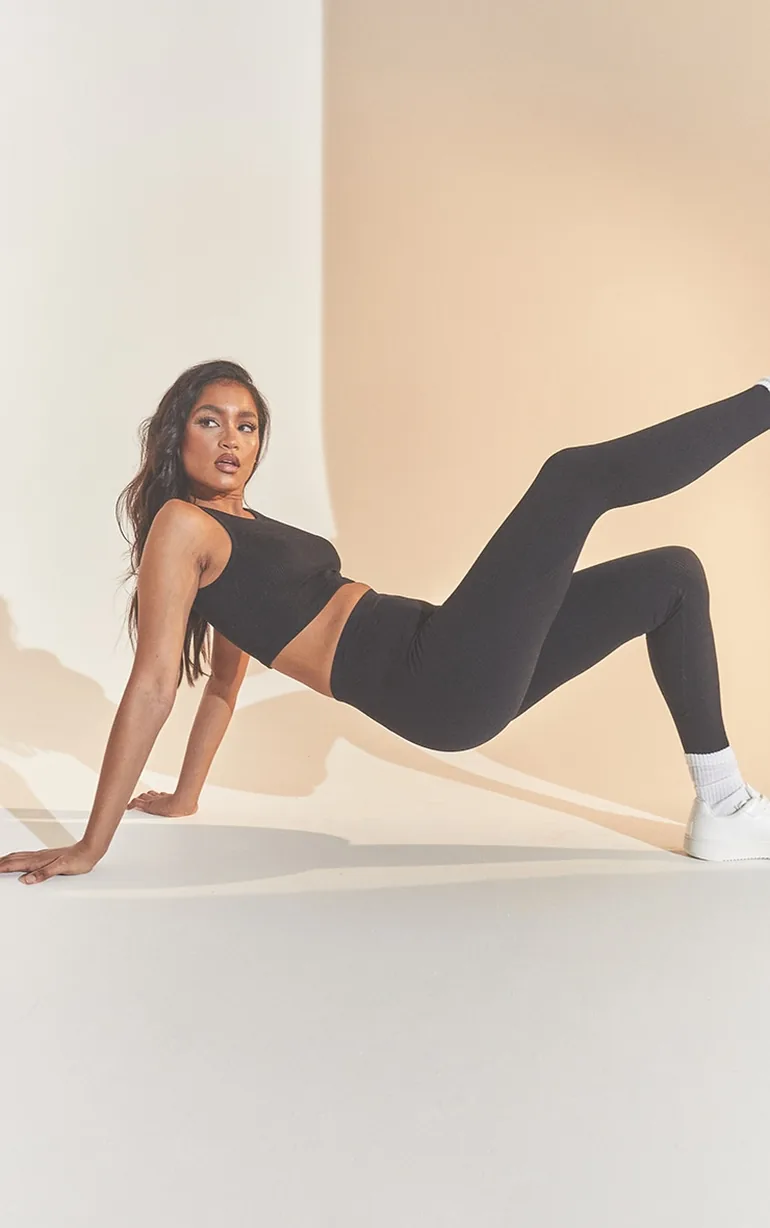 Black Structured Contour Ribbed Leggings