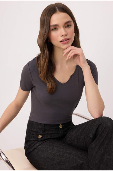 Anthracite Plain Fitted Cowl Neck Standard Sleeve Short Cropped Cotton Rib Knit Knitted T-Shirt