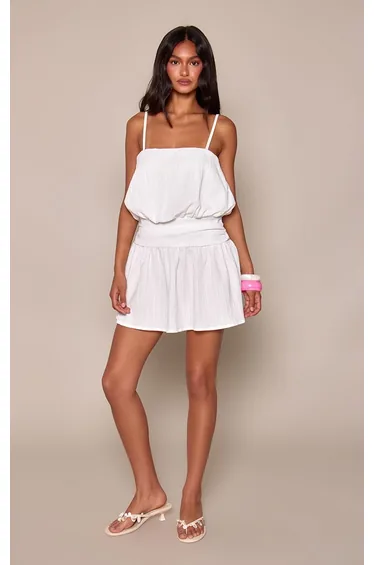 Cream Textured Straight Neck Strappy Shift Mini Dress