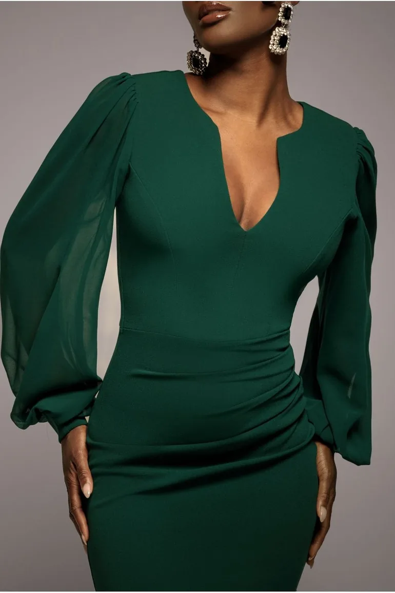 Chiffon Cuffed Balloon Sleeve Scuba Maxi Dress - Emerald Green by Goddiva - 2