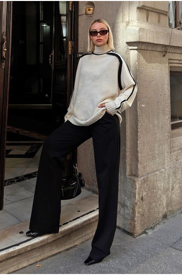 Beige Dirty Stitch Half Turtleneck Stripe Detail Women's Knitwear Sweater