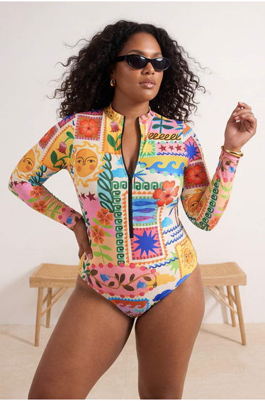 Multi-Colored Tropical Patterned Surfer Zippered Long Sleeve Swimsuit