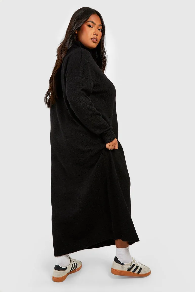 Plus Soft Knit Roll Neck Midi Dress - black - 1