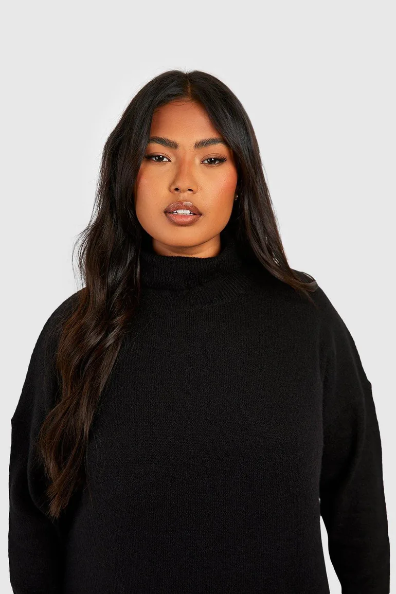 Plus Soft Knit Roll Neck Midi Dress - black - 3