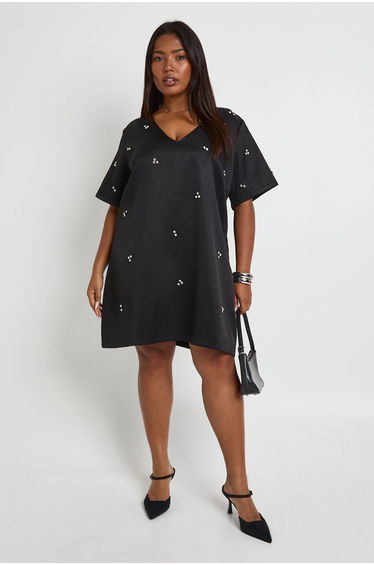 Plus V Neck Shift Diamante Overall - black