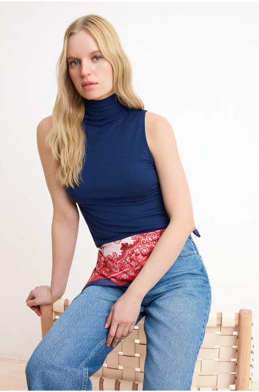 Navy Blue Mock Neck Zero Sleeve Super Flexible Regular Size Knitted Blouse