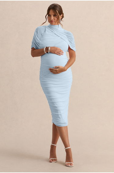 Aderyn | Light Blue High-Neck Maternity Midi Dress With Sheer Cape Sleeves