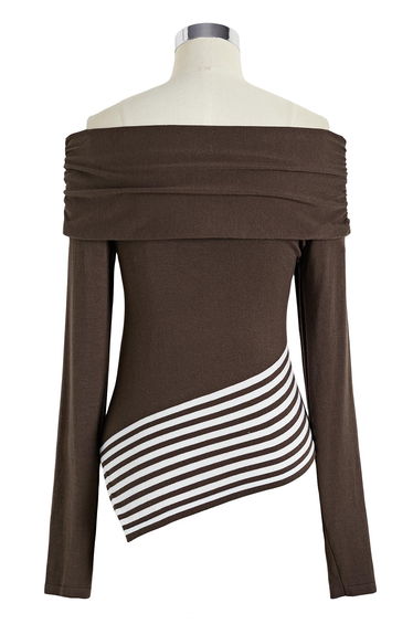 Flap Off-Shoulder Asymmetric Stripe Hem Knit Top in Brown for Client Meetings & Creative Events
