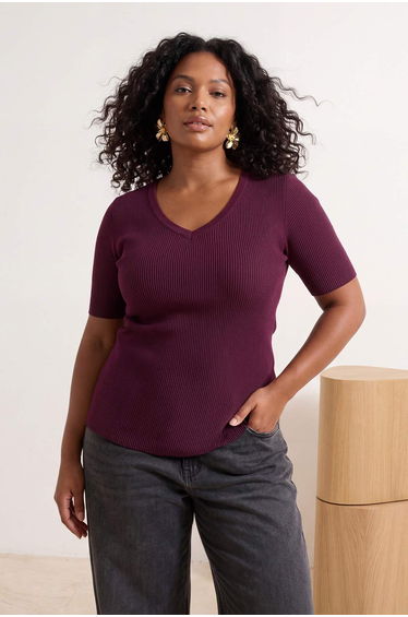Plum Corded Fabric Heart Neck Premium/Special Yarn Knitwear Blouse