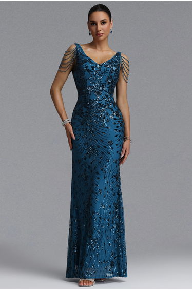 Gerianna Elegant Waist-Cinching Deep V Pearl Chain Tassel Floral Sequin Mesh Mermaid Maxi Evening Dress